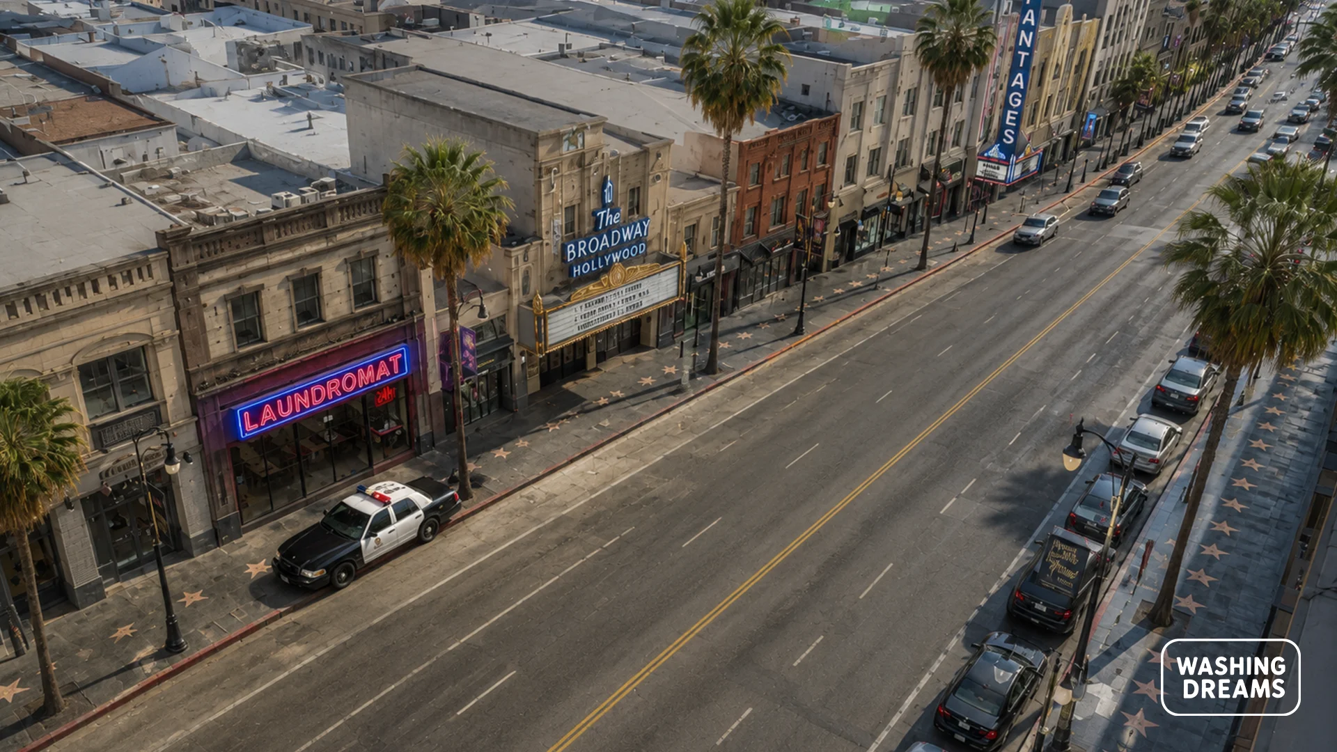 Vue aérienne de la laverie du film Washing Dreams à Hollywood, 1984
